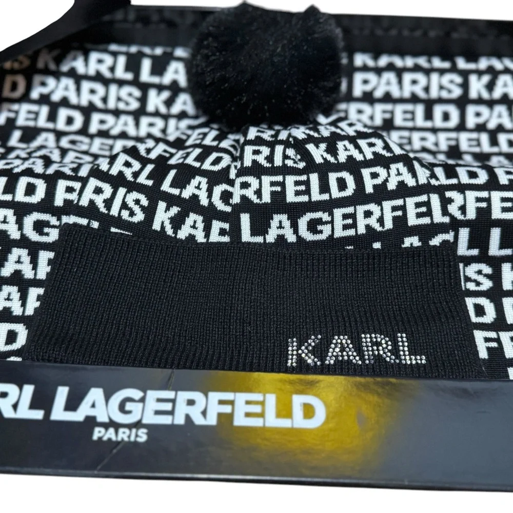 KARL LAGERFELD Women Gift Set Hat, Scarf, Gloves Boxed Beanie Black White NWT